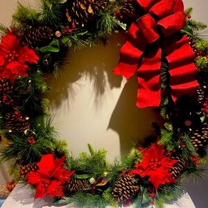 Festive Red and Green Holiday Wreath with Pinecones